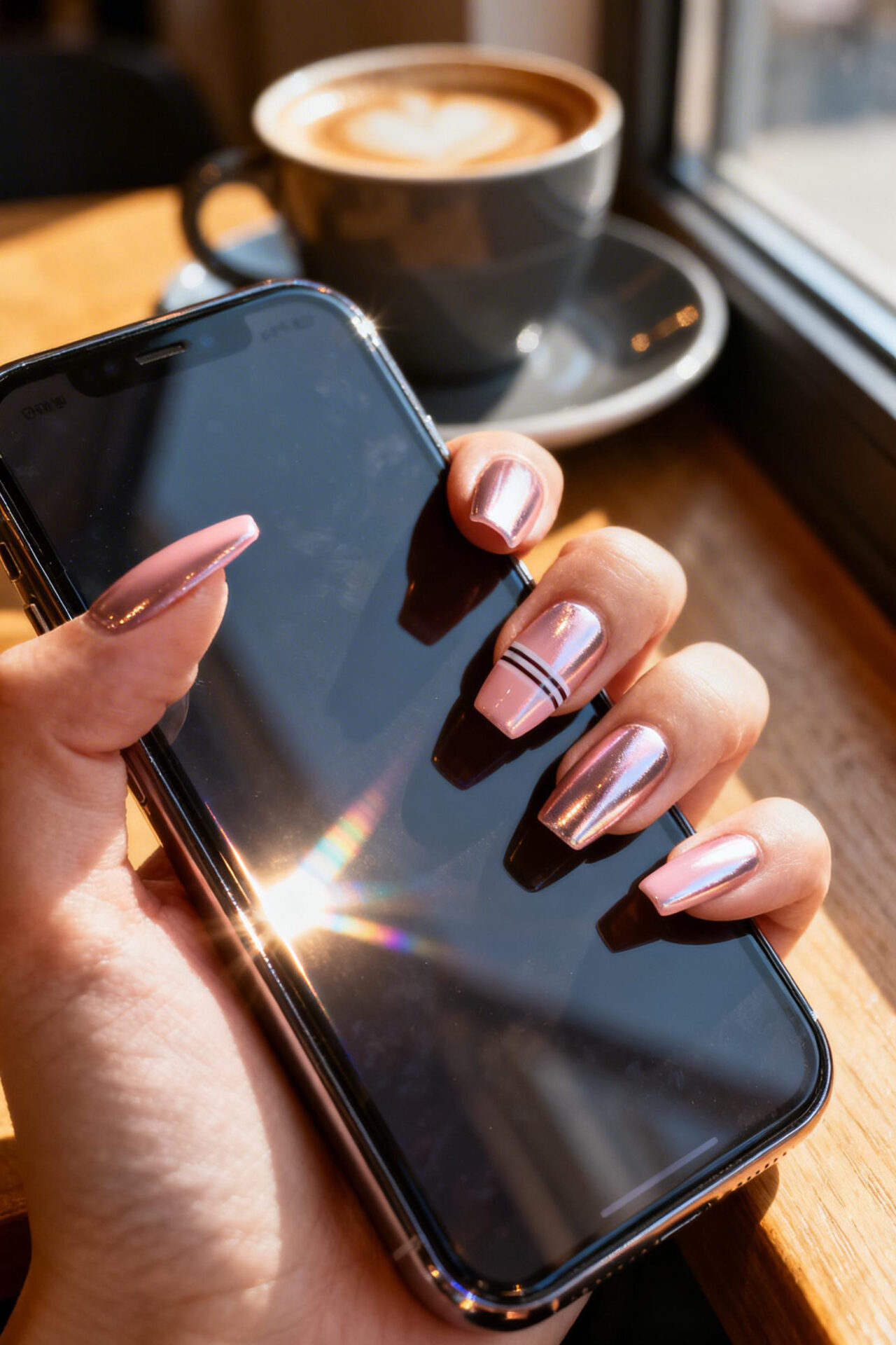 Light Pink Cat Eye Nails chrome coffin
