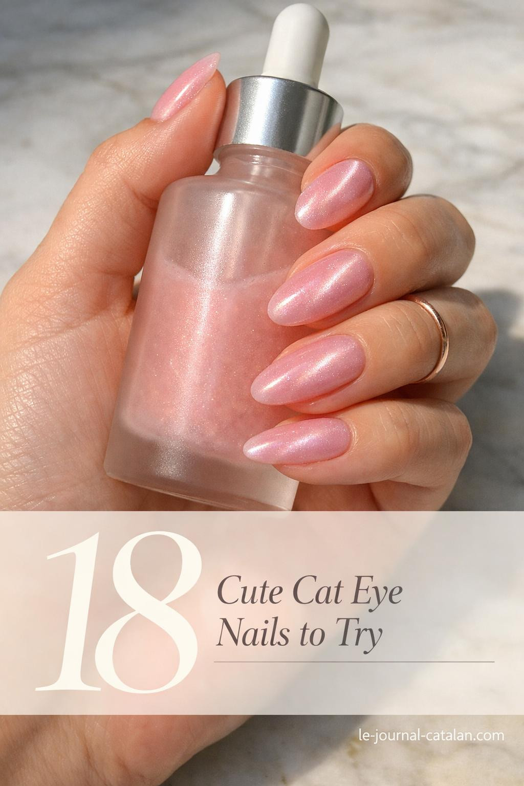 Close-up of cute cat eye nails in light pink with magnetic nail polish creating a sleek linear effect and elegant finish
