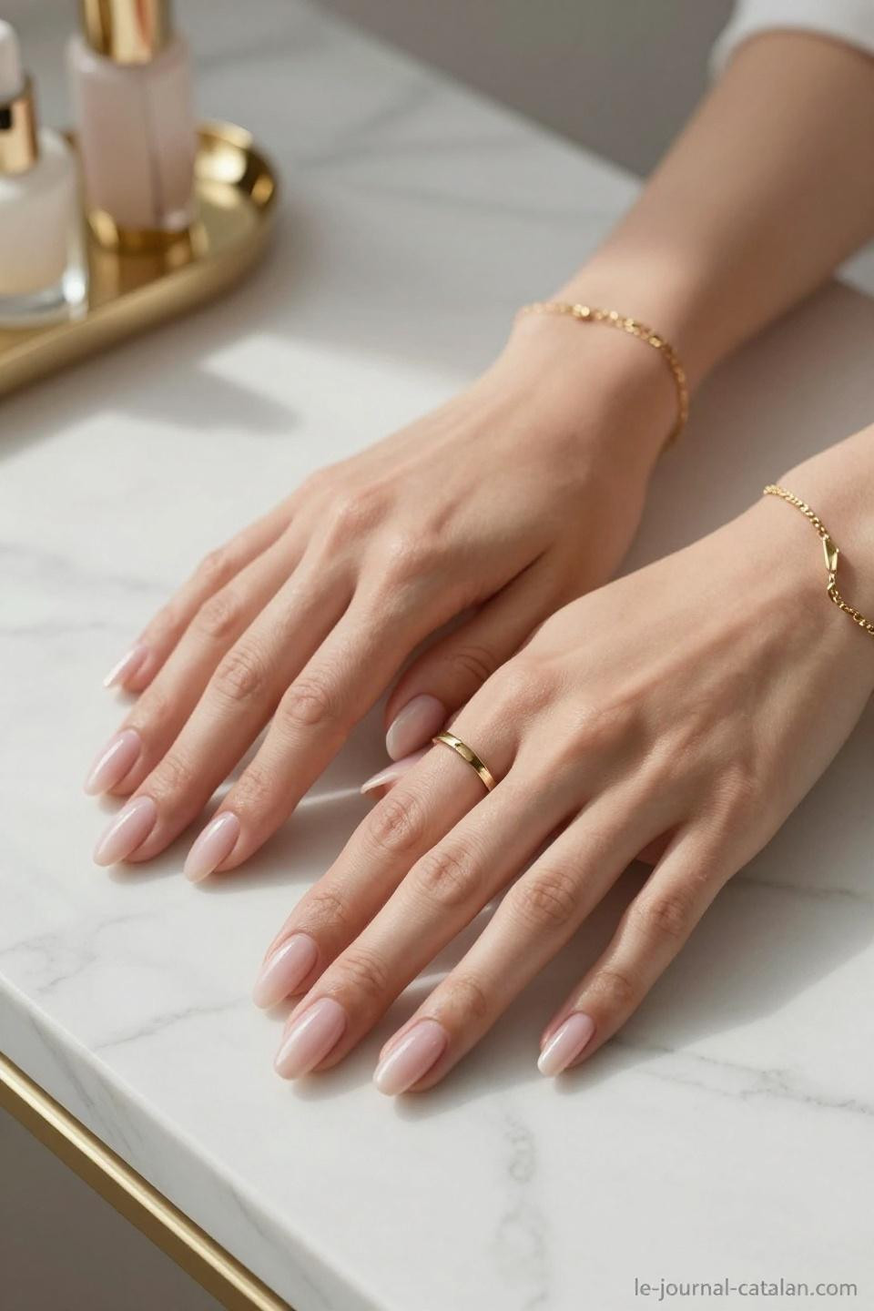 Editorial Almond Nails with pink nude base and professional salon precision