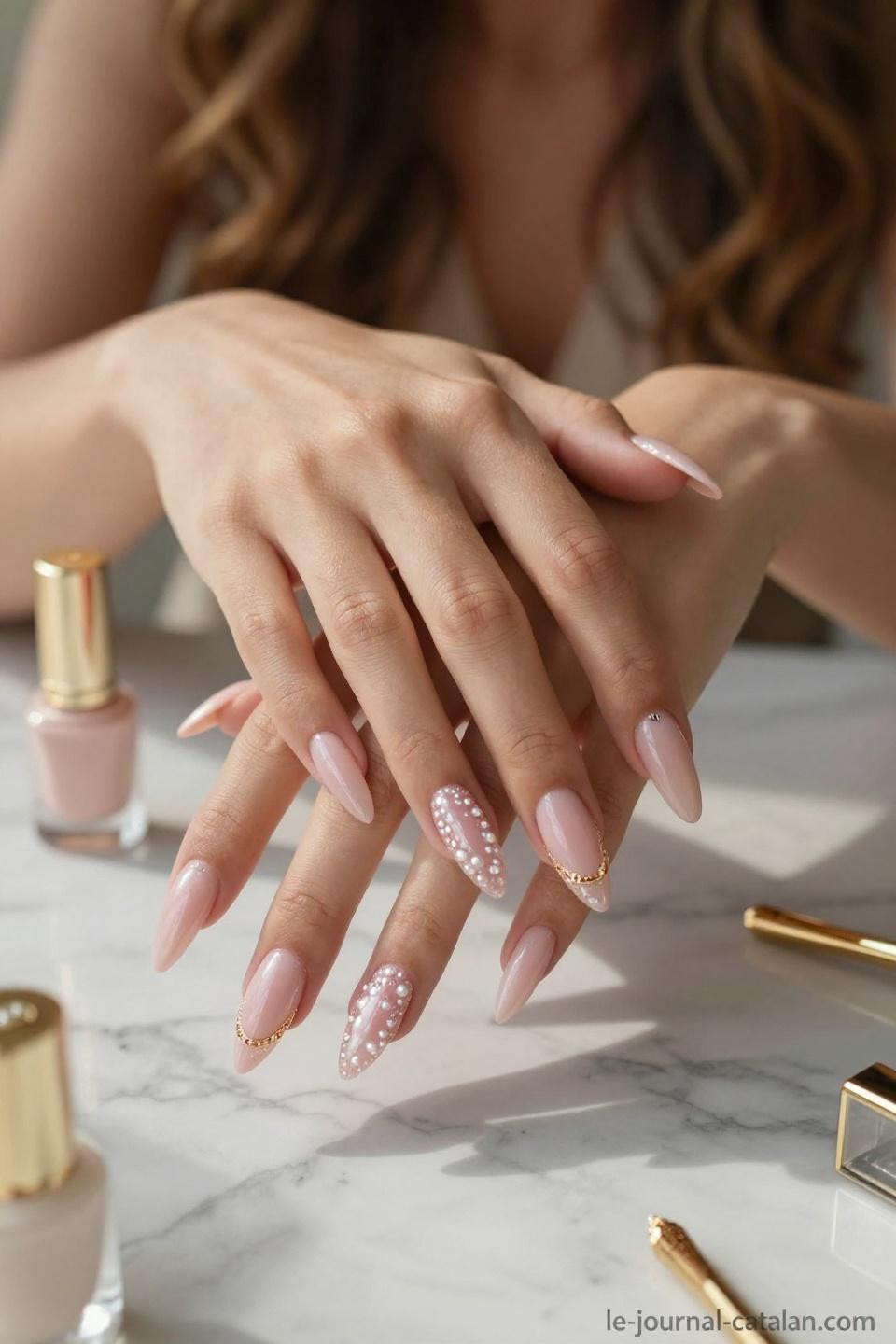 Medium Almond Nails with nude beige and pink shimmer in wearable length