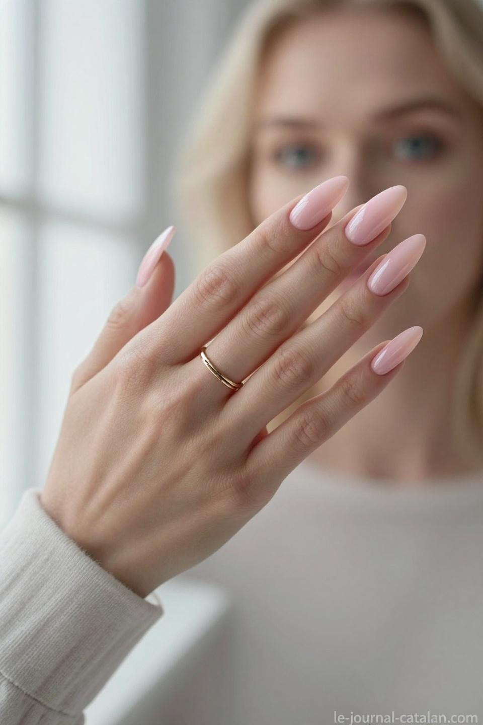 Almond Nail Sets featuring glossy nude pink with professional salon precision