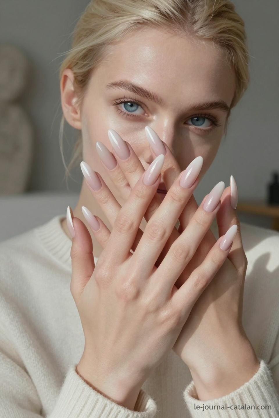 Almond French Tip Nails with nude base and modern twist on classic manicure