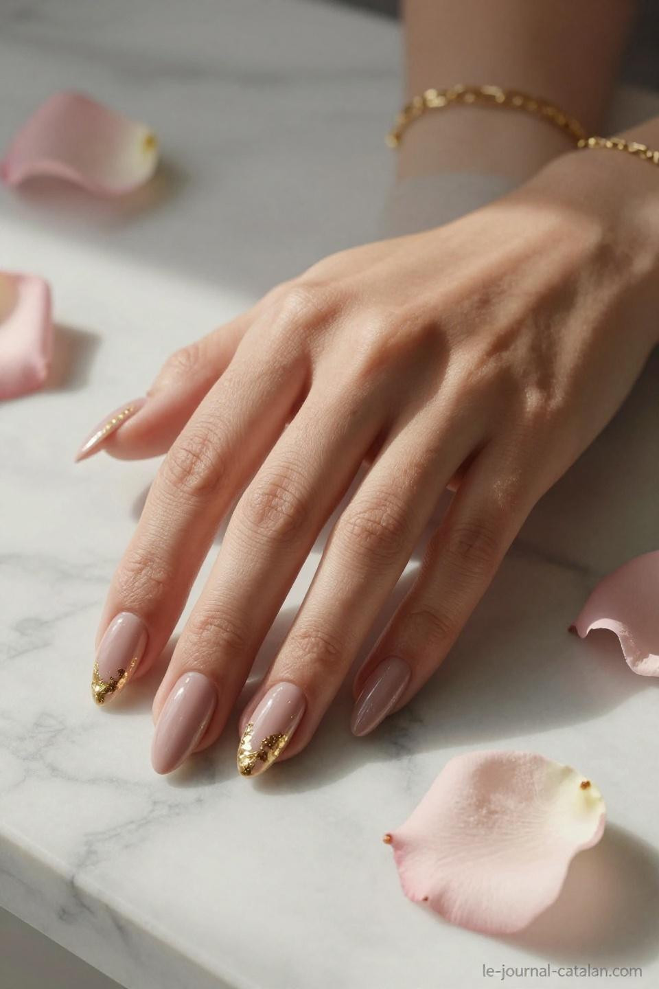 Almond Nails Ideas showcasing nude mauve gel with scattered gold leaf accent artistry