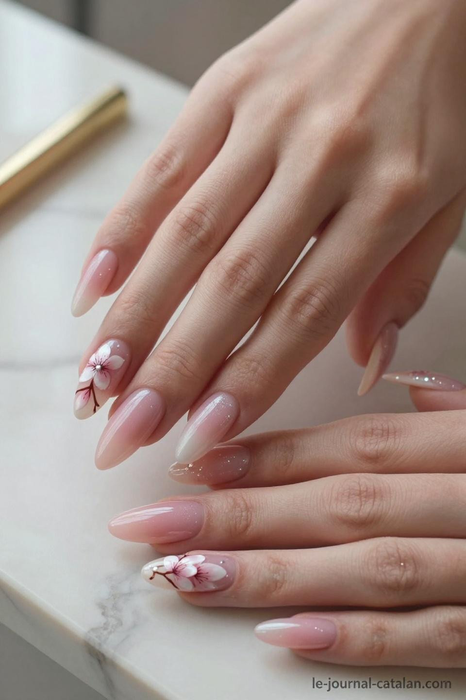 Trendy Almond Nails featuring blush pink gradient with hand-painted cherry blossom nail art