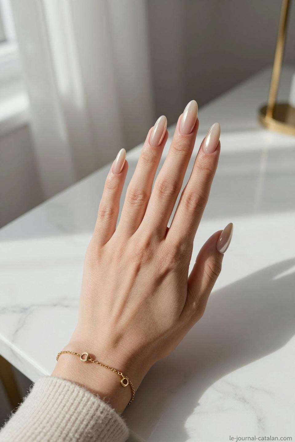 Sophisticated Almond Nails featuring nude beige gel with champagne shimmer and gold accents