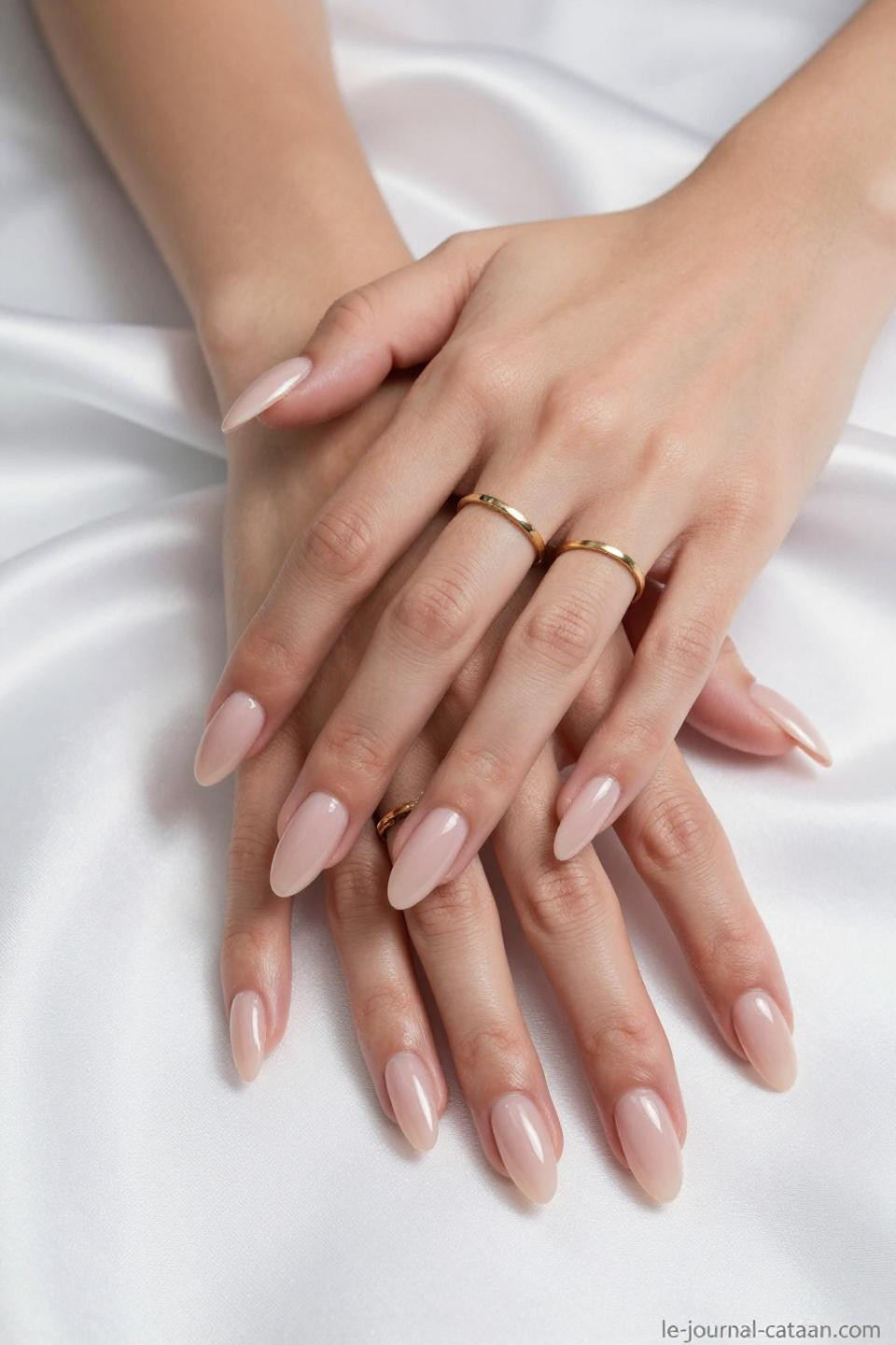 Crystal Almond Nails in soft blush nude with mirror-like gel finish
