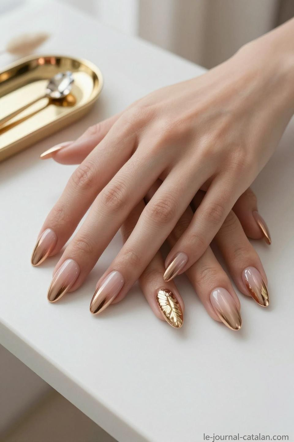 Gradient Almond Nails with rose gold to champagne ombre and gold leaf accents