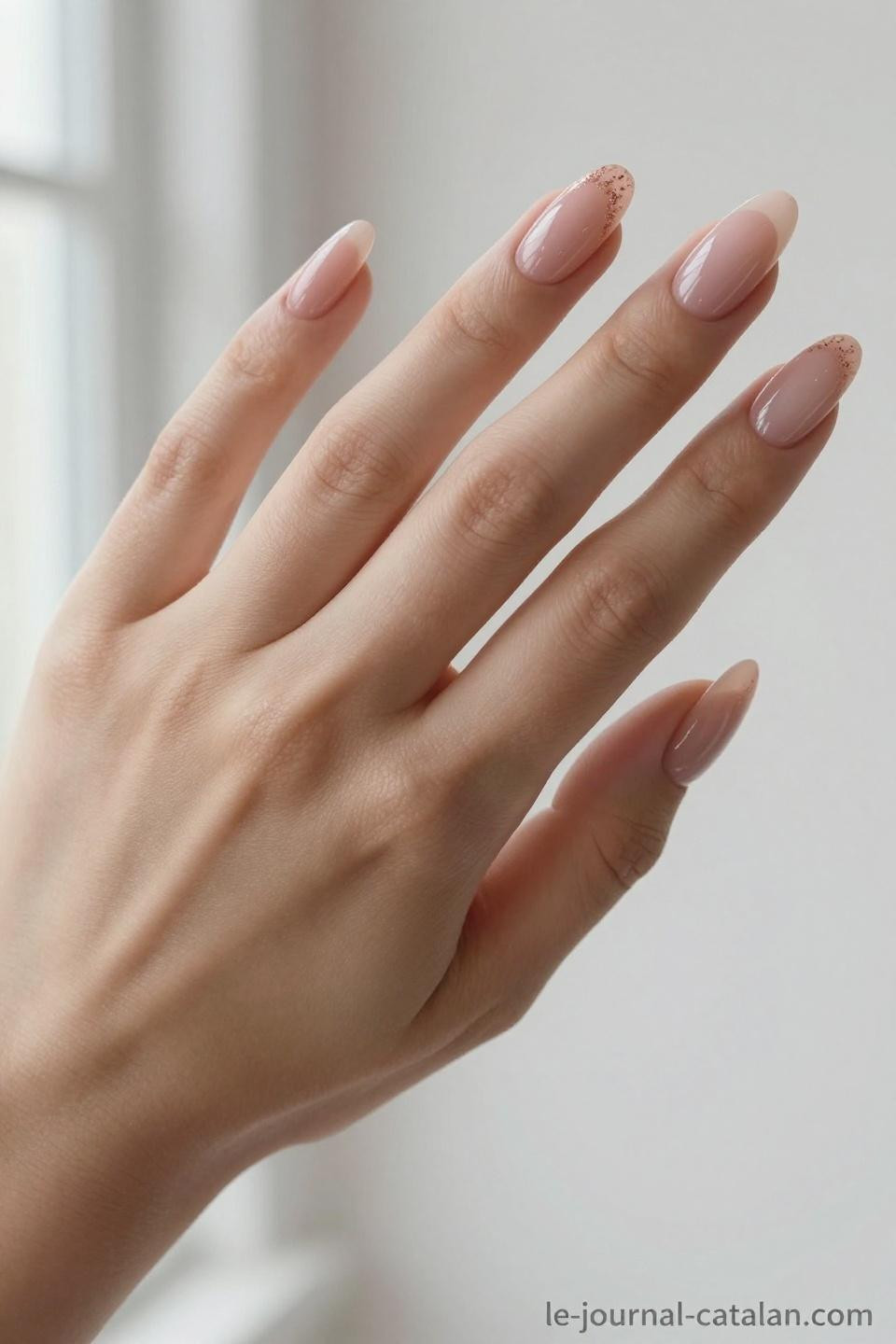 Luxury Almond Nails featuring nude pink base with rose gold shimmer overlay
