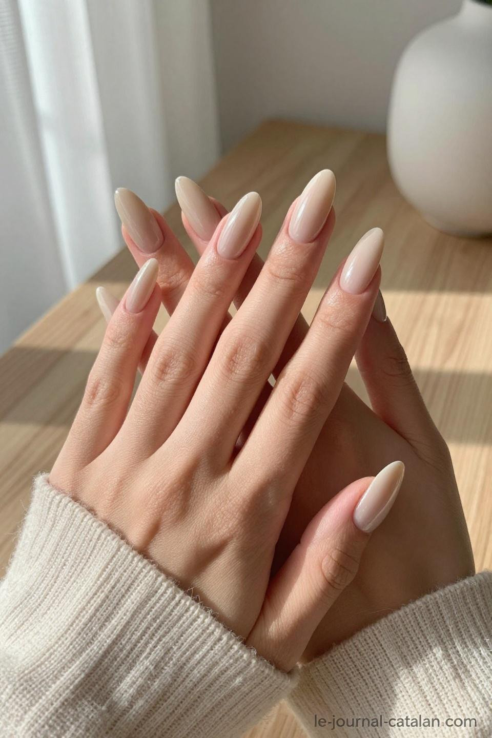 Baddie Almond Nails featuring nude beige gel with Scandinavian minimalist aesthetic