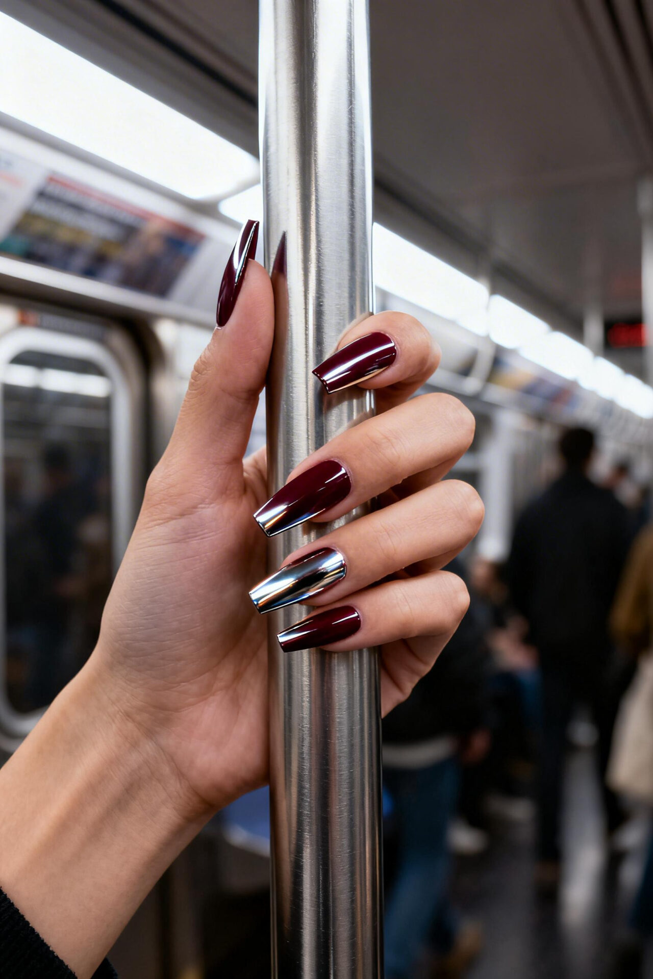 Long Square Acrylic Nails - burgundy chrome