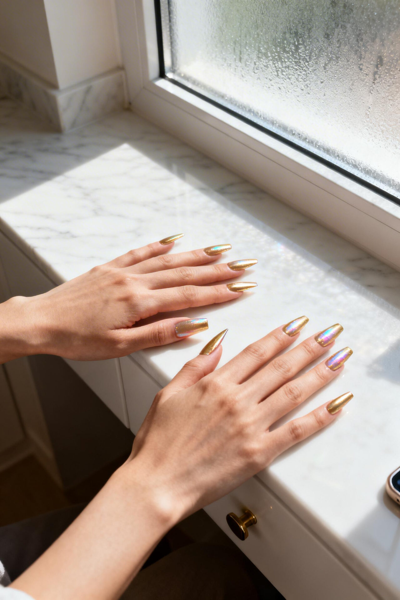 Long Square Acrylic Nails - champagne gold aura