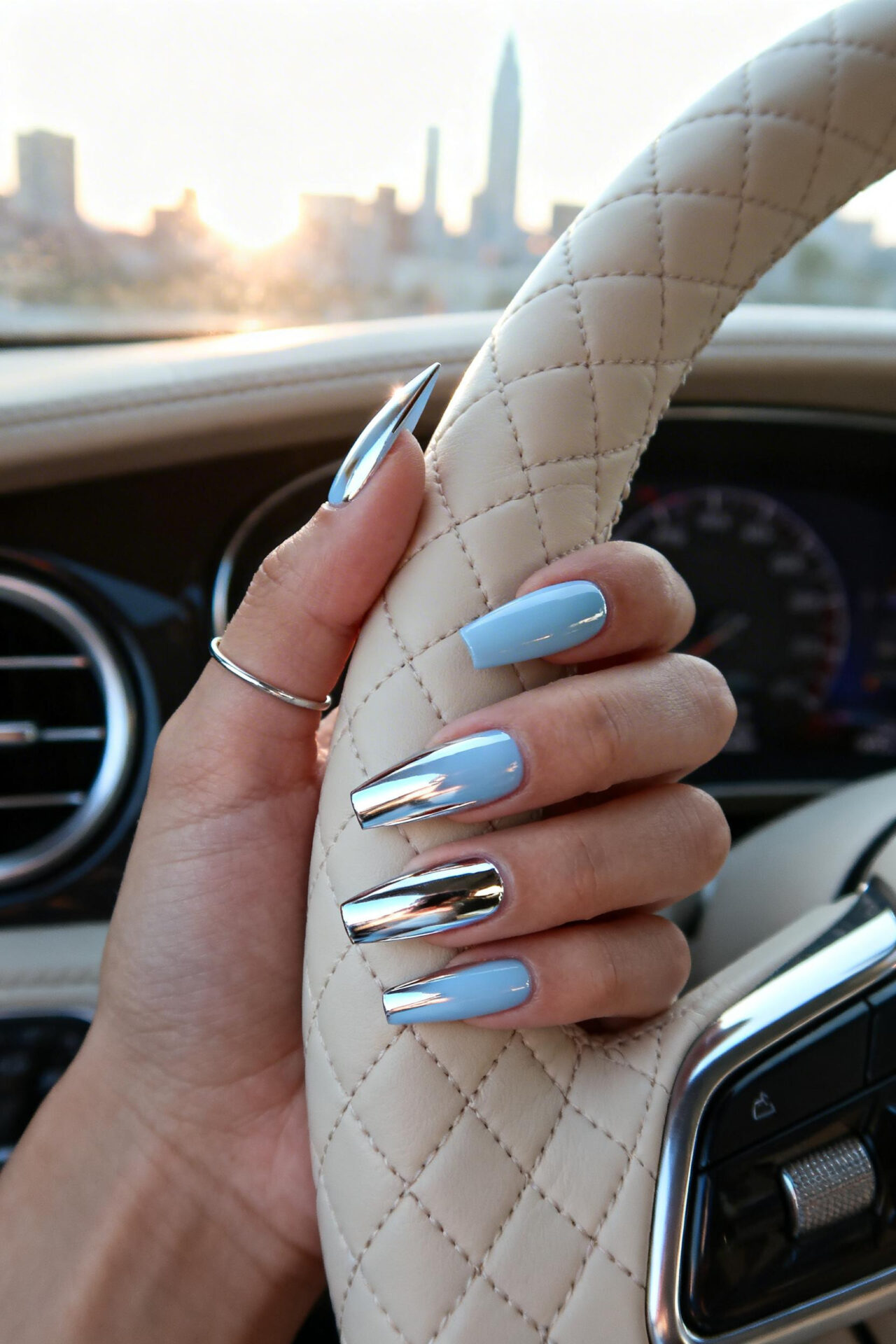 Long Square Acrylic Nails - chrome elegant