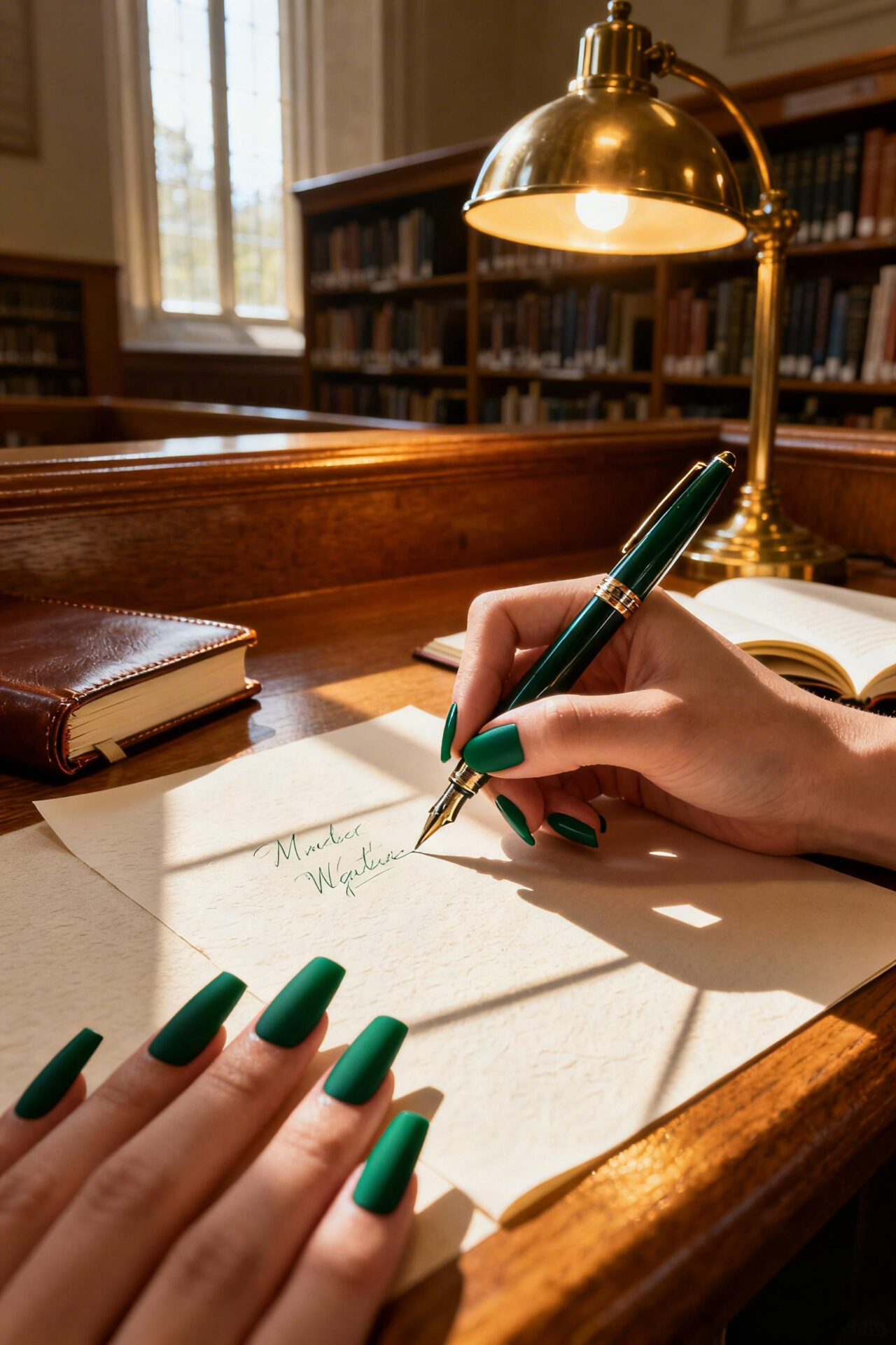 Long Square Acrylic Nails - emerald elegant