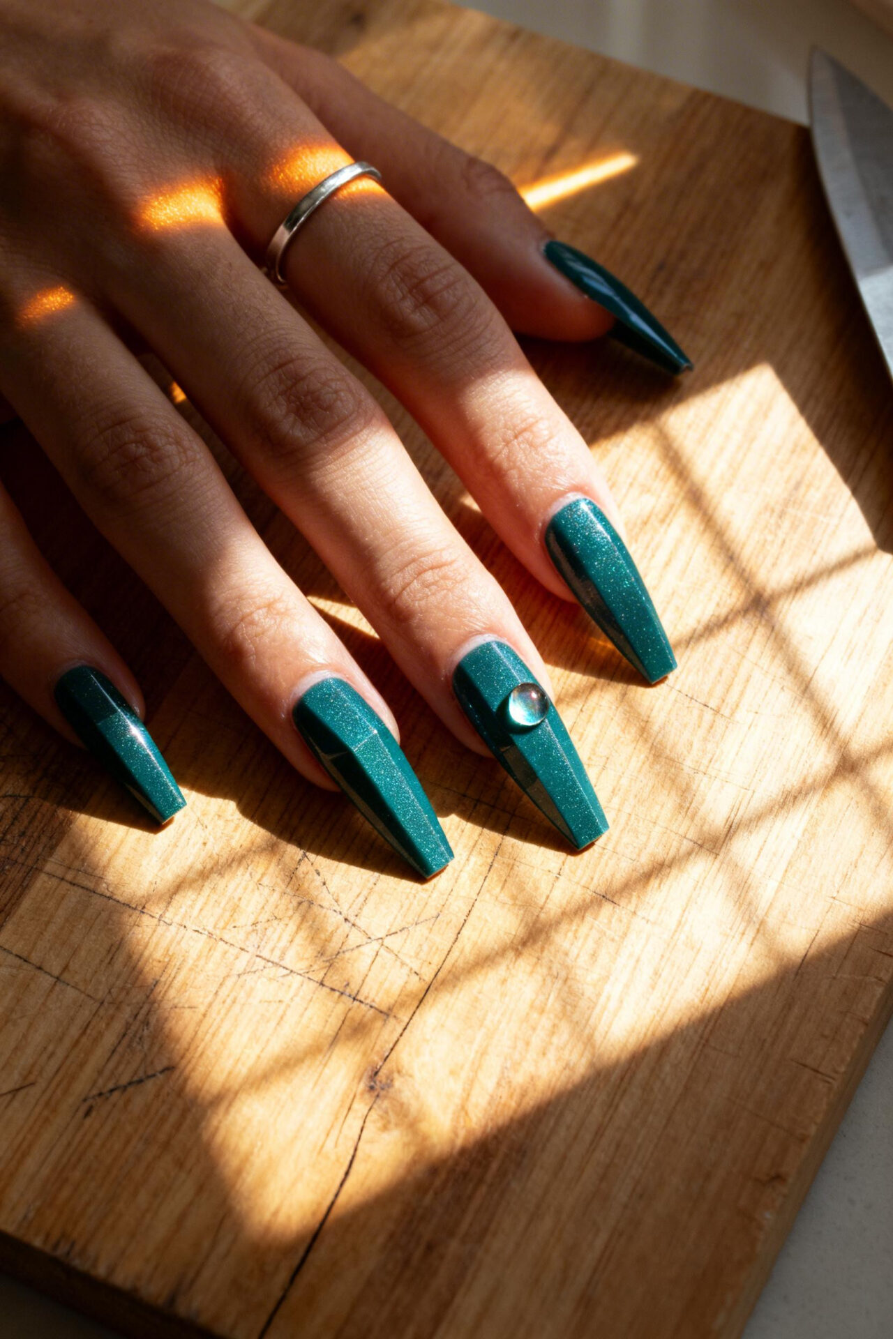 Long Square Acrylic Nails - teal aura elegant