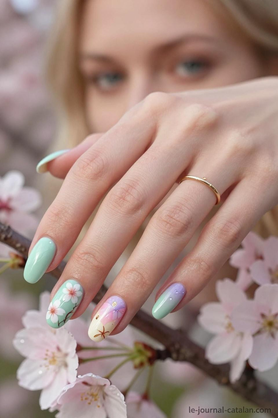 March Gel Nails Ideas cherry blossom branch nail art designs