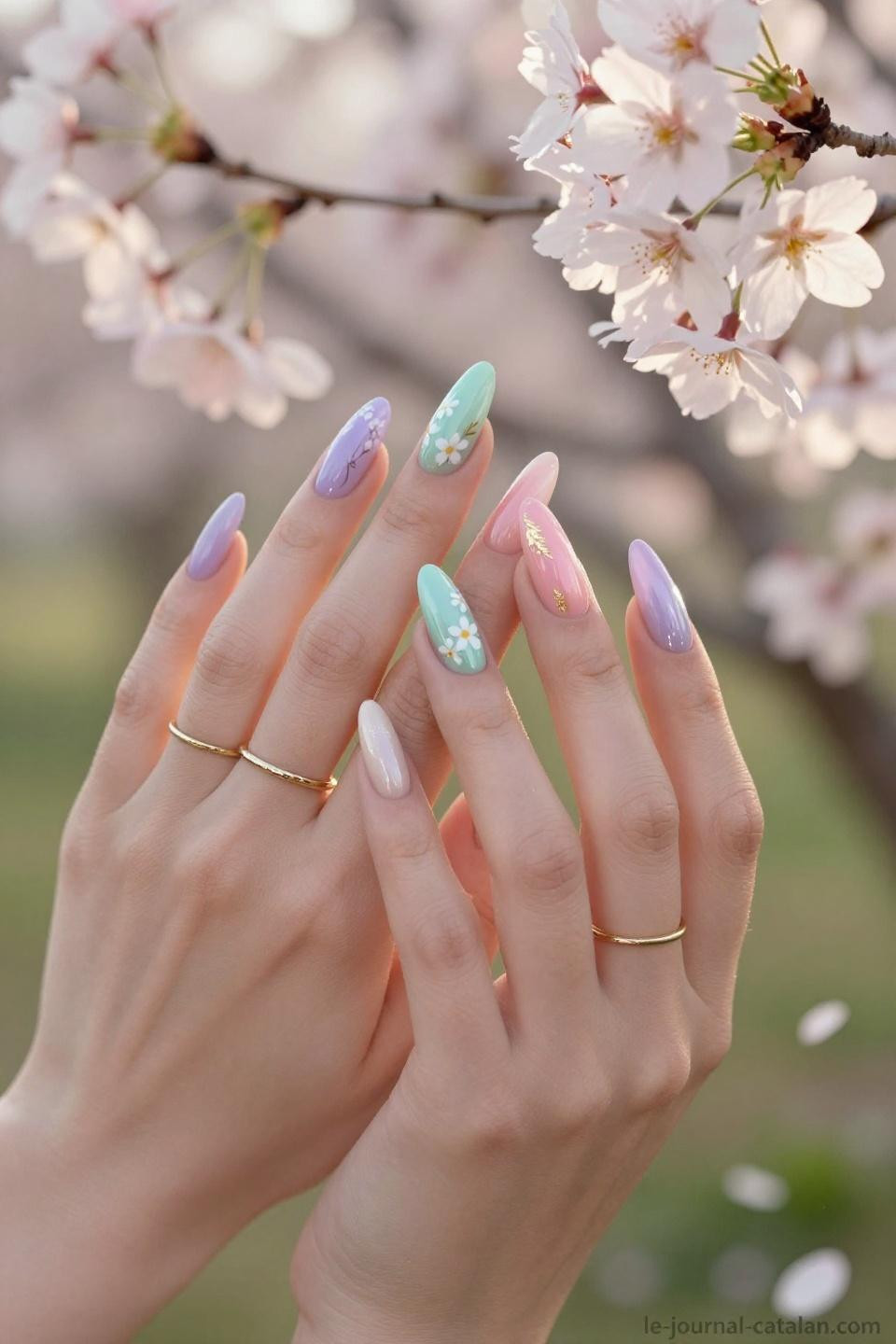 March Manicure Ideas cherry blossom nail art with pastel ombre