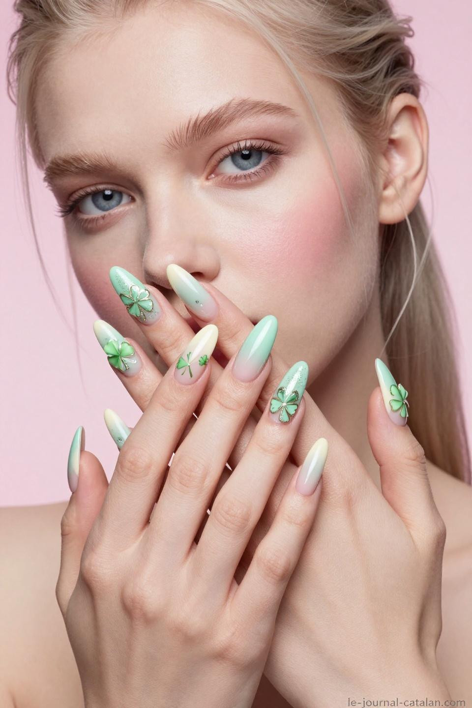 March Nail Inspo shamrock green acrylic nails with gold details