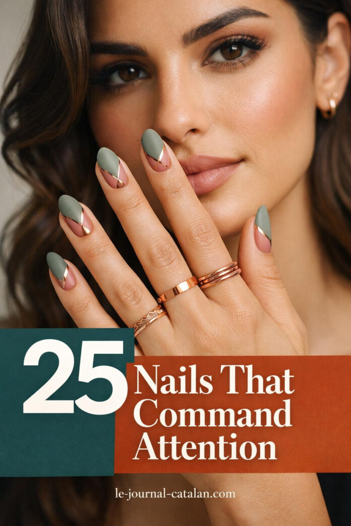 Single hero shot of Mediterranean model with sage green acrylic nails featuring dusty rose geometric patterns and rose gold metallic accents