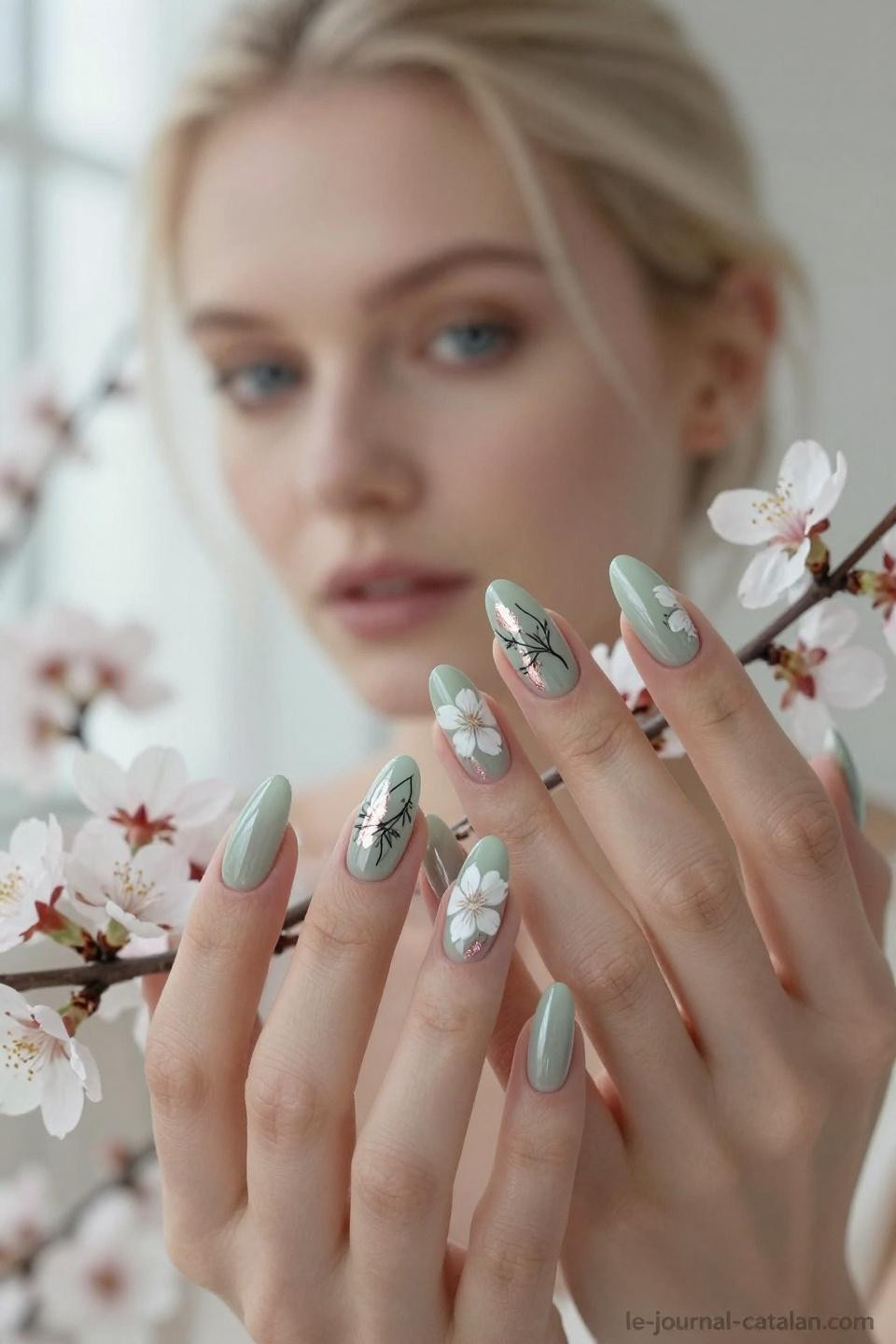 Spring almond shaped nails with soft sage green and white cherry blossom art