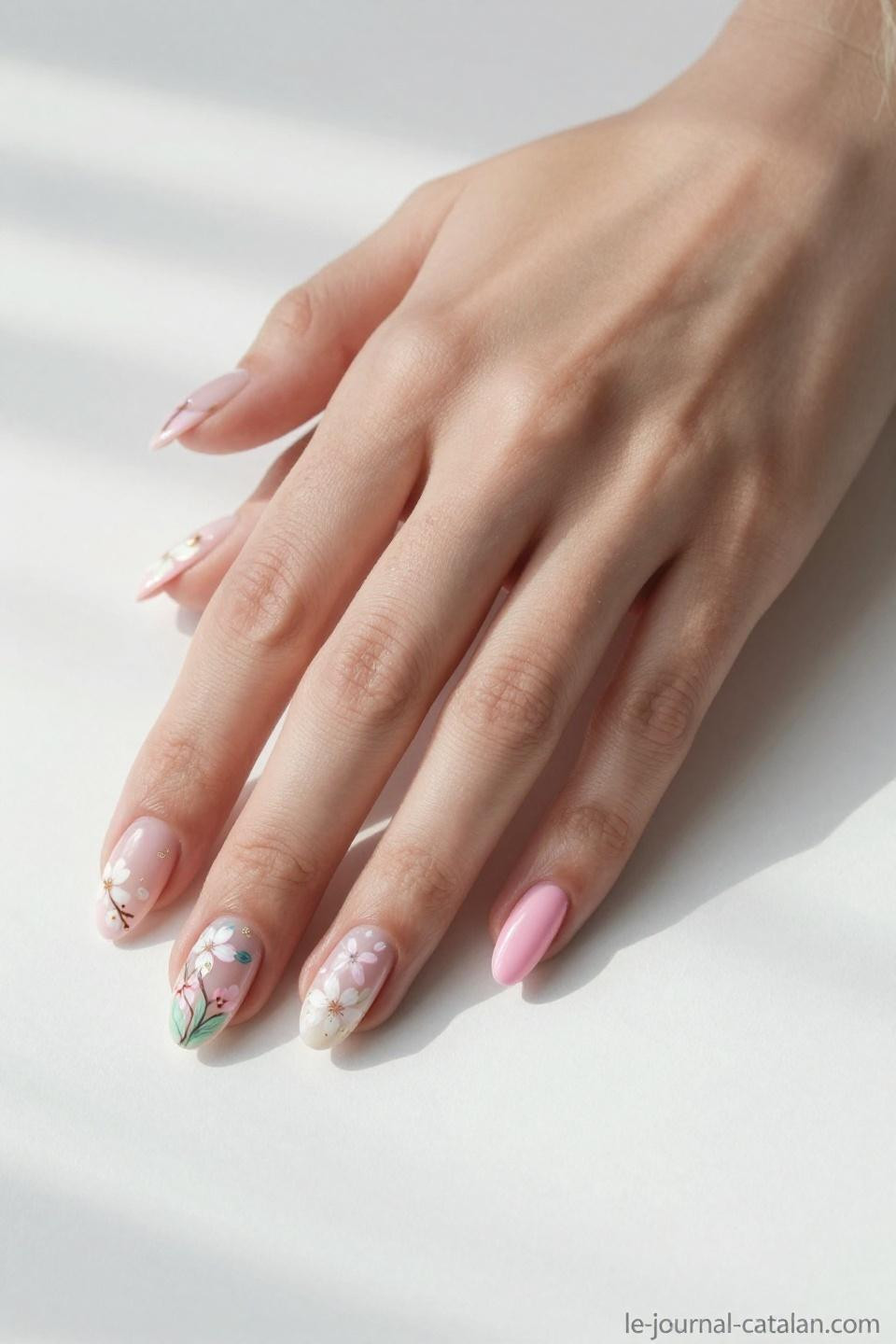 Almond nails spring colors featuring baby pink with hand-painted cherry blossoms