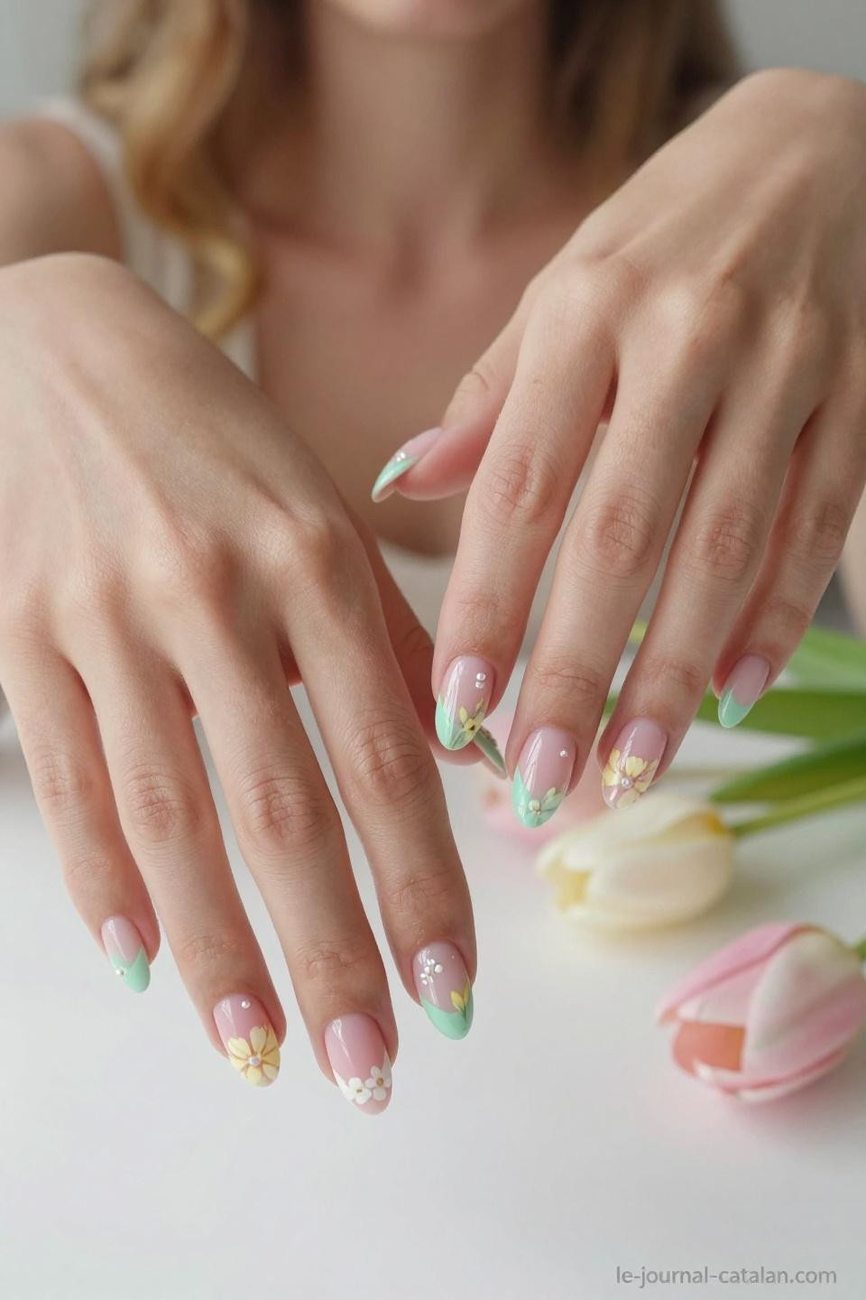 Cute nails for March with blush pink base and mint green botanical details