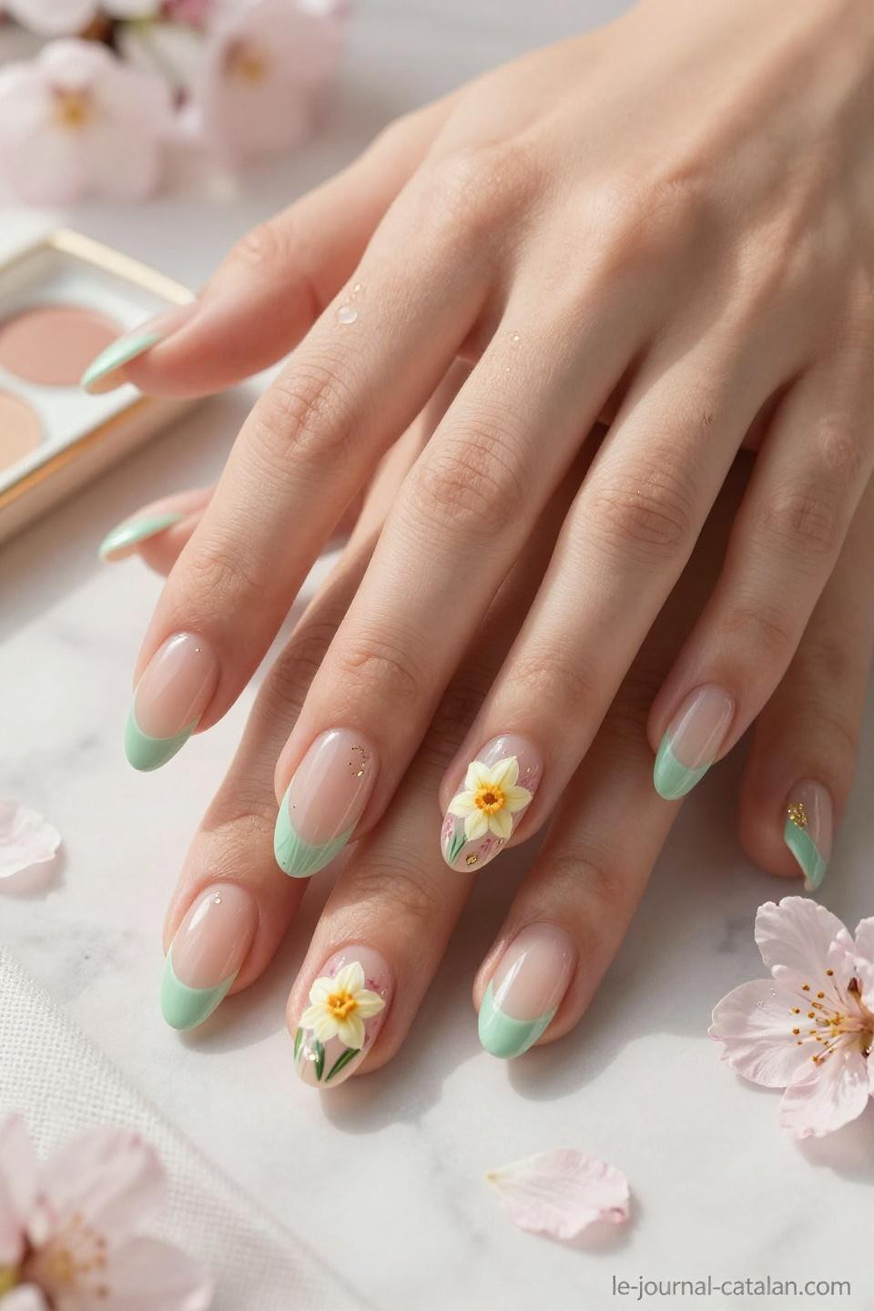 March nail inspo peachy nude almond nails with mint green French tips and hand-painted daffodil florals