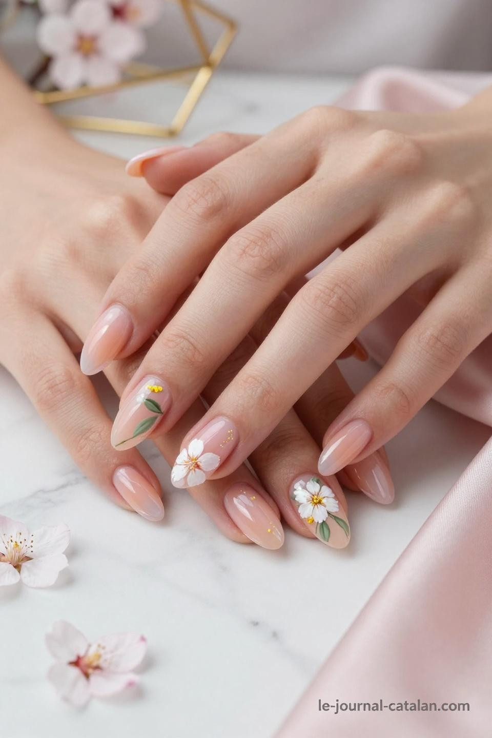Almond nails spring colors featuring soft peach gel with white cherry blossoms