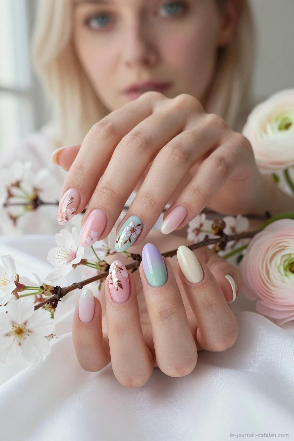 Simple March nails with blush pink base and hand-painted cherry blossoms