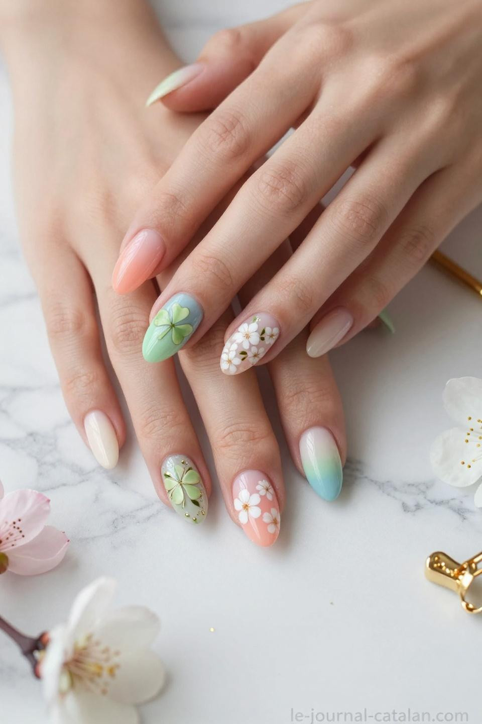 March nails ideas simple with soft pastel ombre and shamrock accents