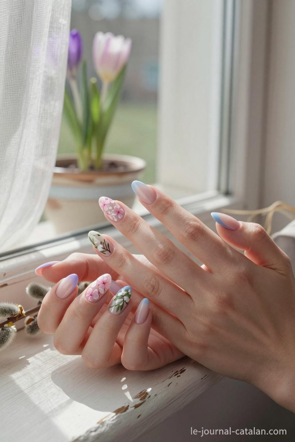 Spring nail ideas almond featuring cherry blossom pink with white floral accents
