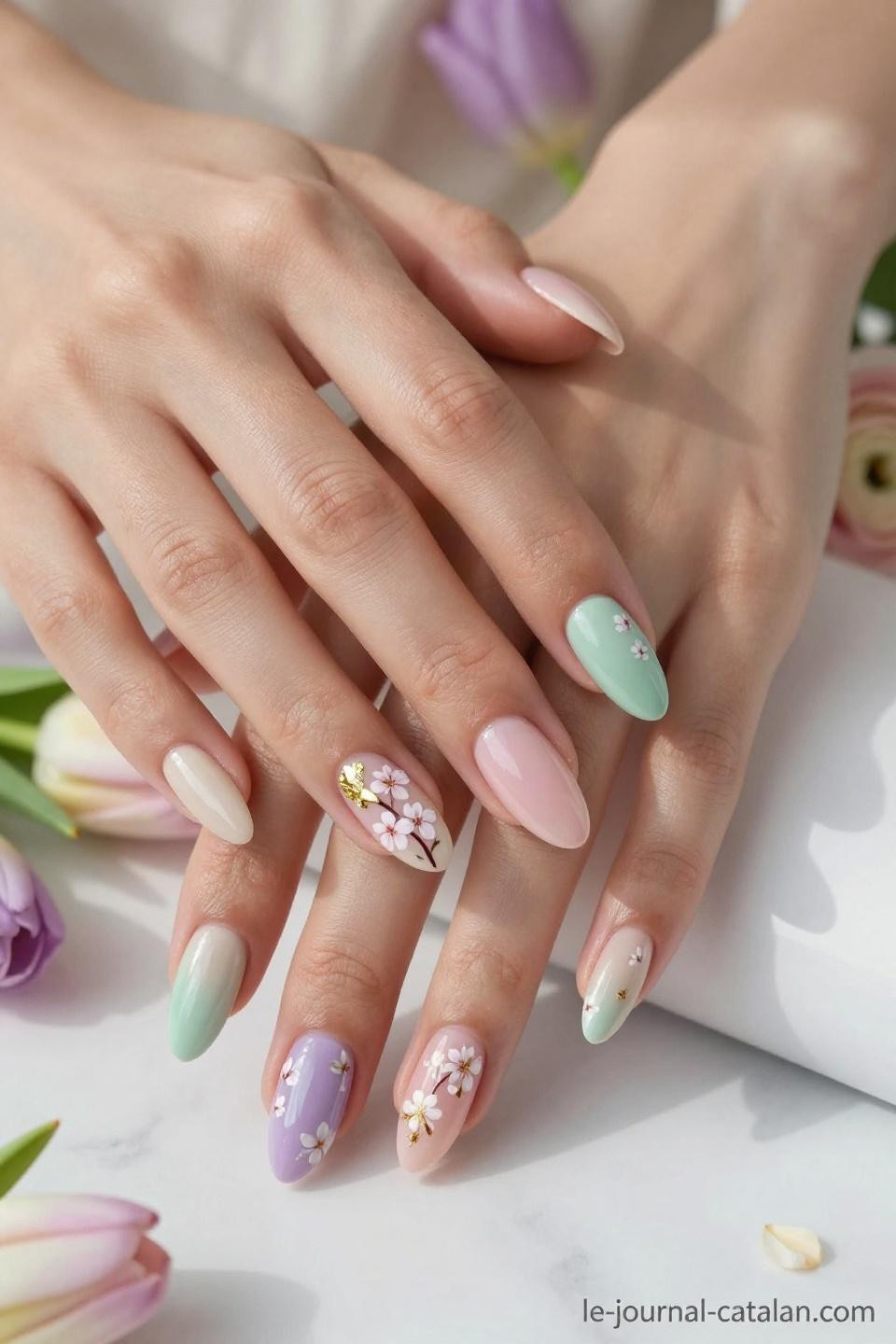Simple spring nails acrylic almond with blush pink and mint green florals