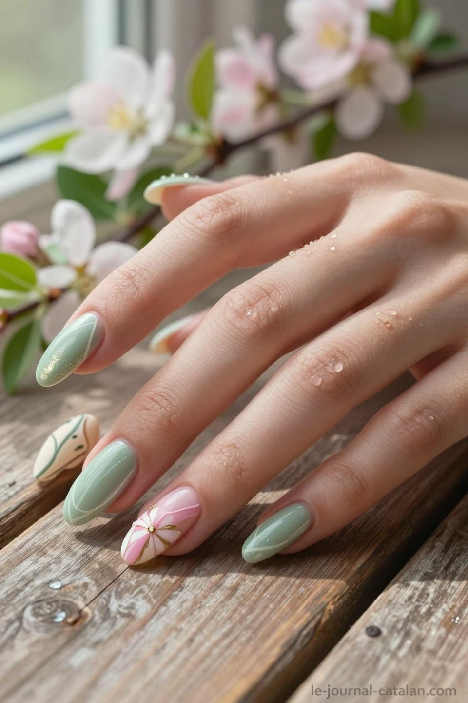 Cute nails for March with soft sage green and blush pink modern patterns