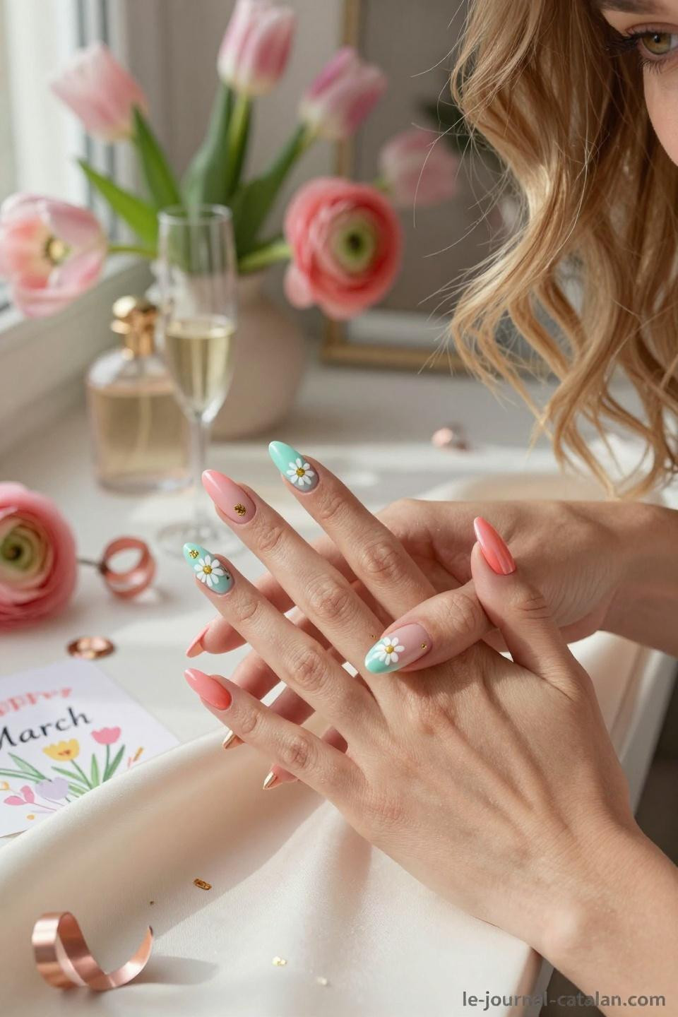 March Birthday Nails Ideas with hand-painted daisies and gold confetti accents