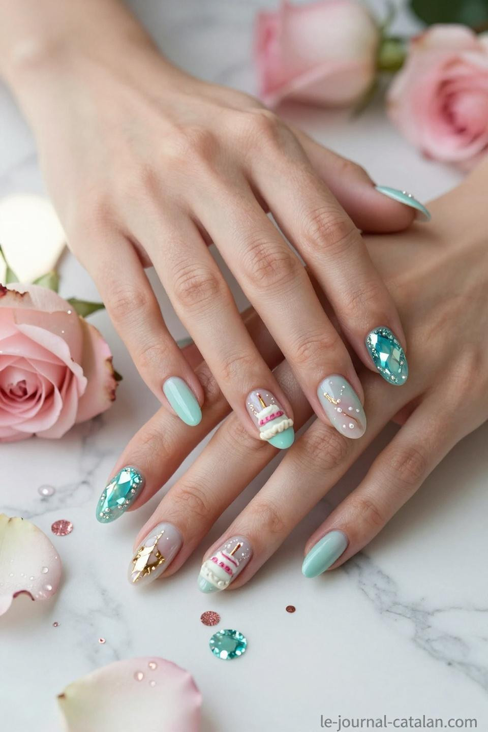 Spring Birthday Nails featuring soft lavender with rose gold foil accents