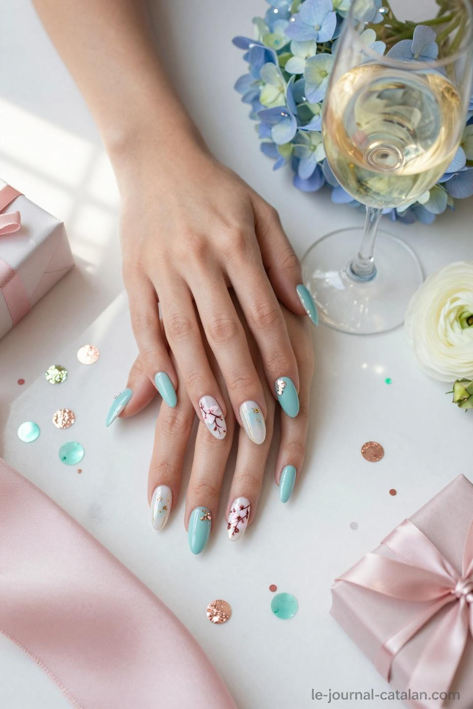 Cute Nails For March featuring pastel spring colors and floral artistry