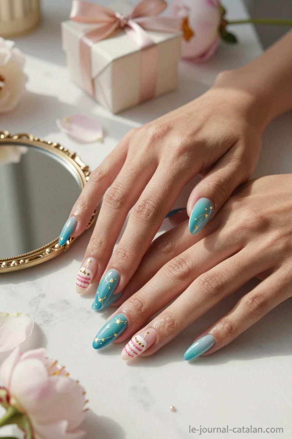 March Nail Inspo pearl white nails with gold constellation patterns and birthday elements