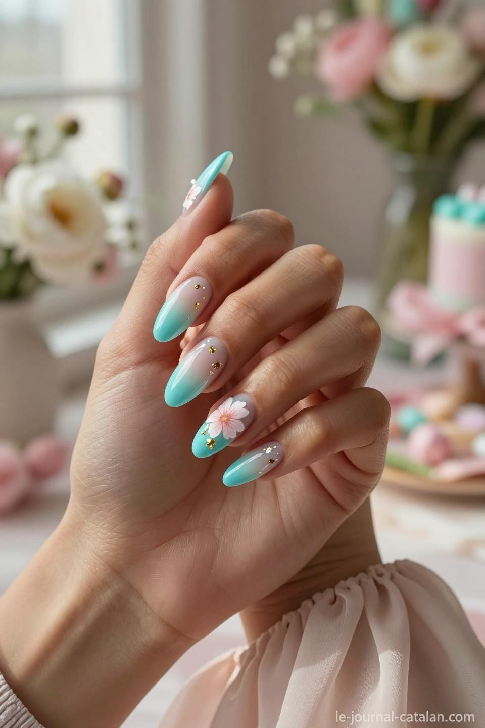 March Nail Inspo aquamarine birthstone gradient with hand-painted cherry blossoms