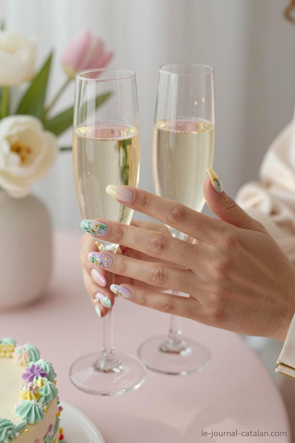 May Birthday Nails featuring lavender with gold foil constellation patterns