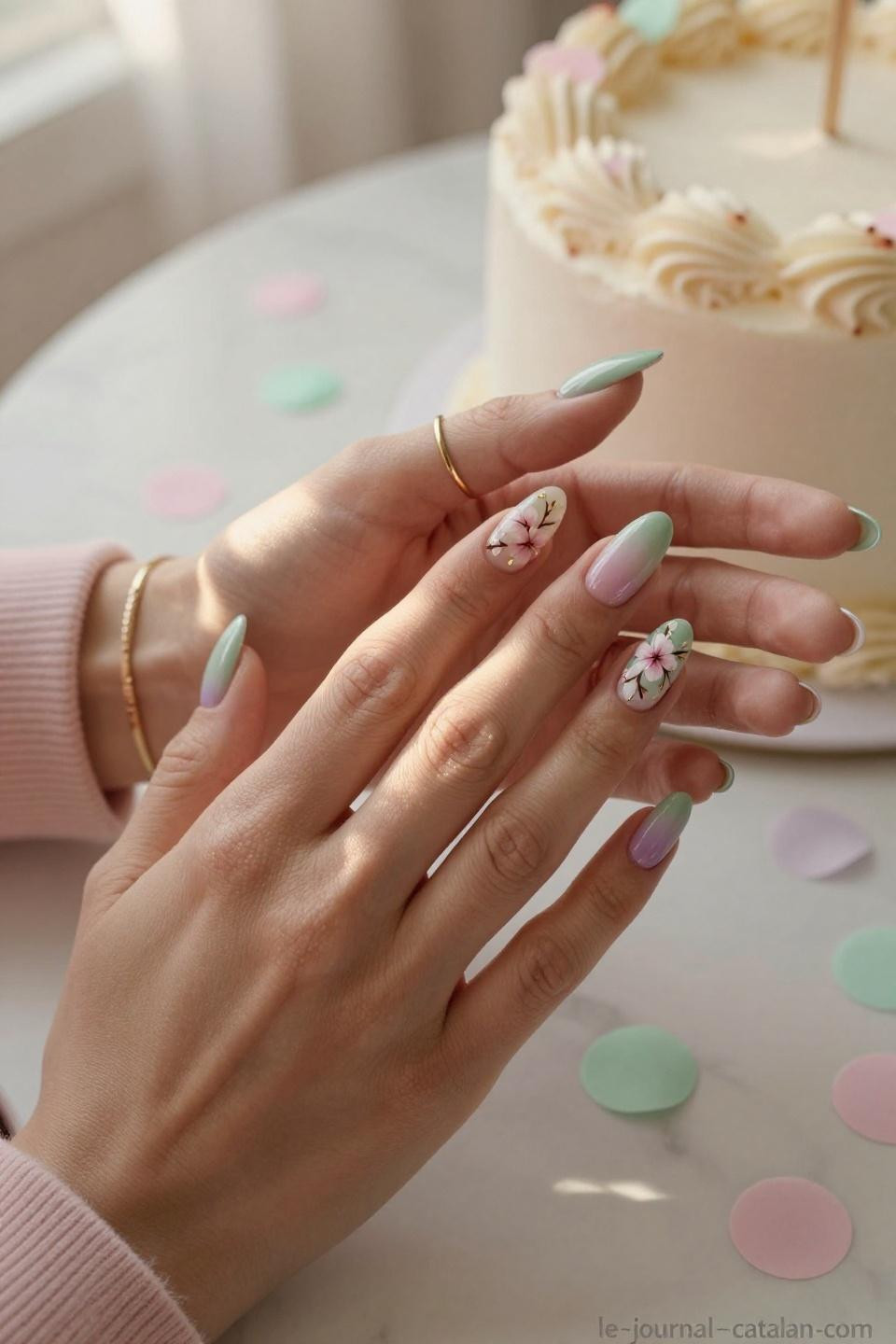 March Nails Ideas Simple featuring sage green ombre with cherry blossoms