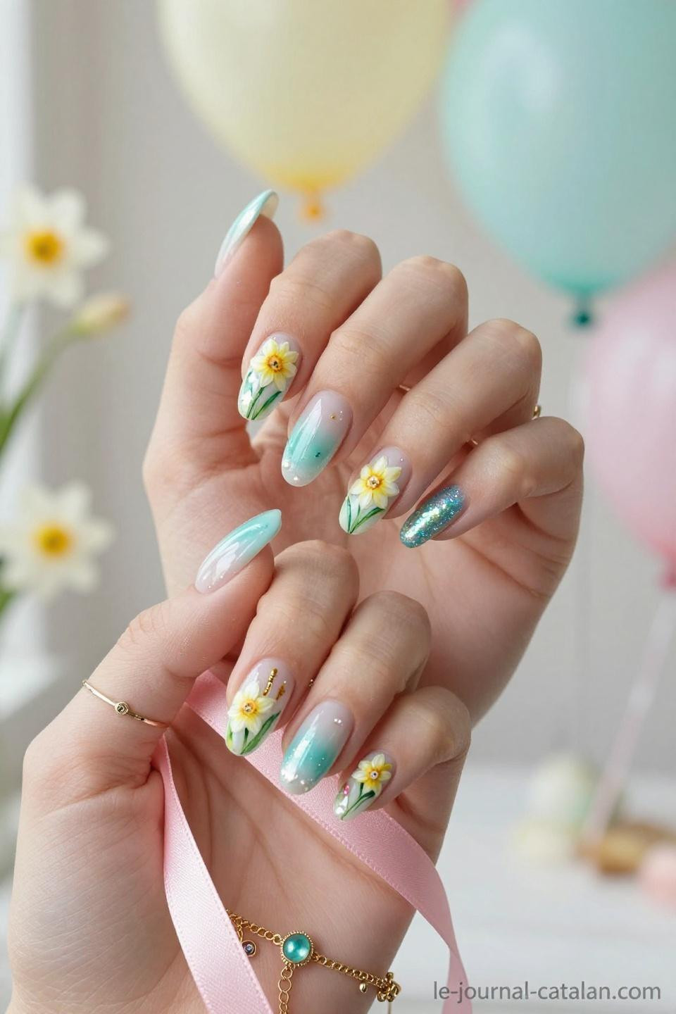 March Gel Nails Ideas featuring daffodil yellow florals with aquamarine accents