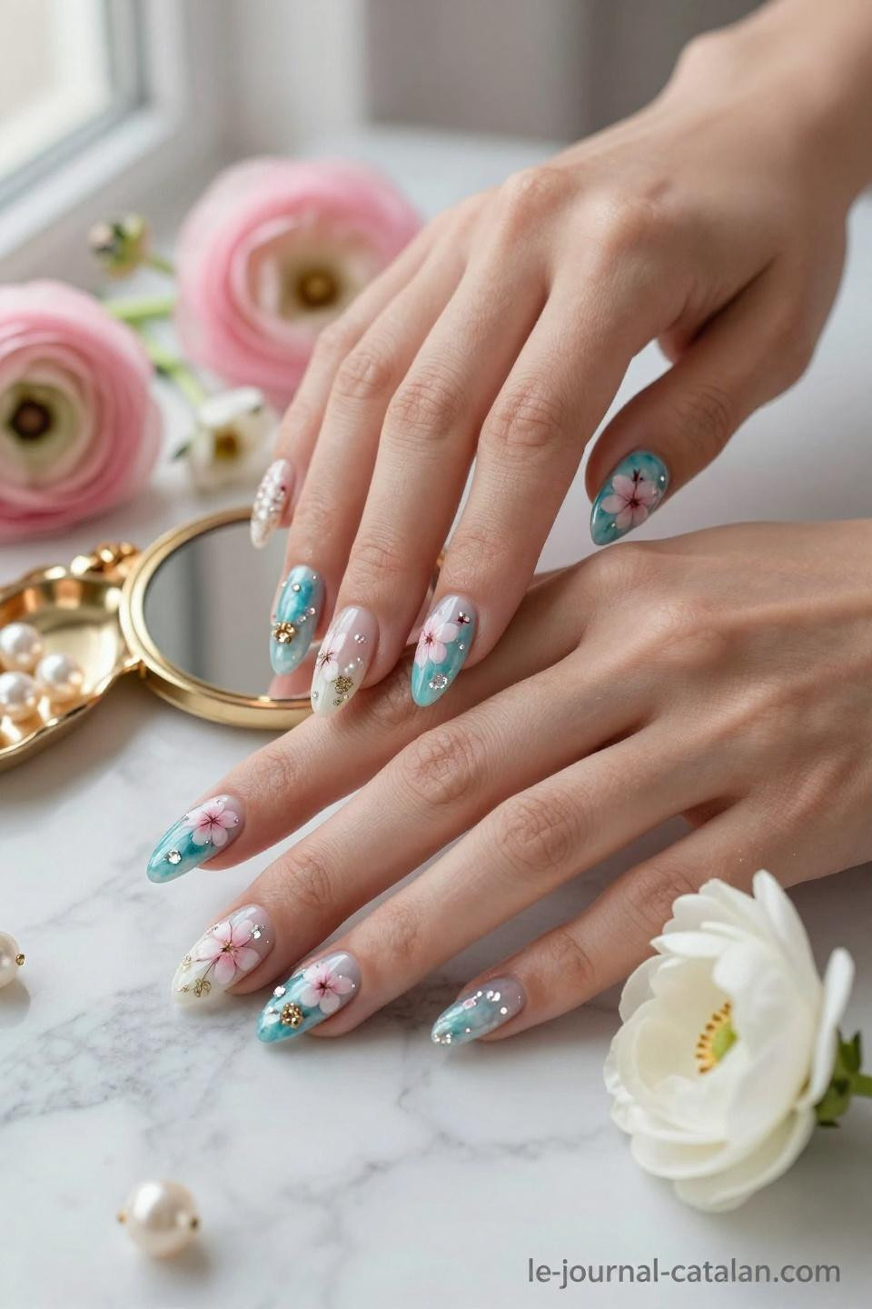 March Nail Designs Spring featuring mint green with gold shimmer details