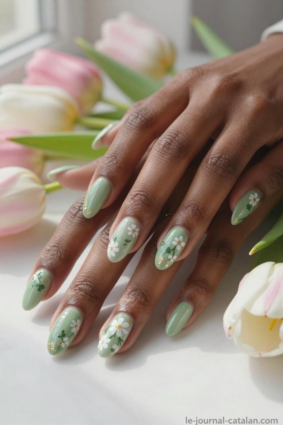 March gel nails featuring soft sage green with white daisies and gold accents