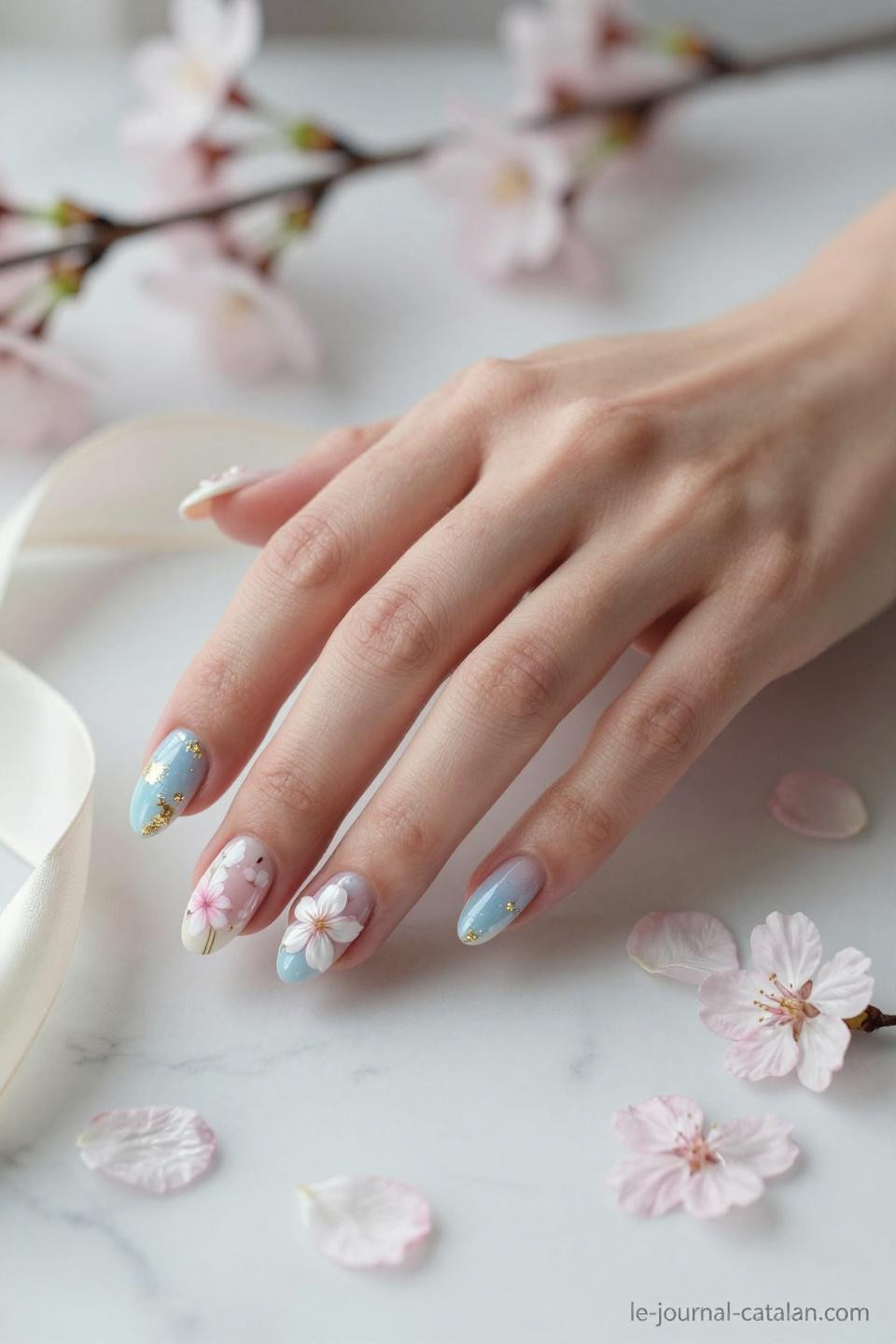 Nail Colors For March with cherry blossom art and dimensional 3D gel flowers
