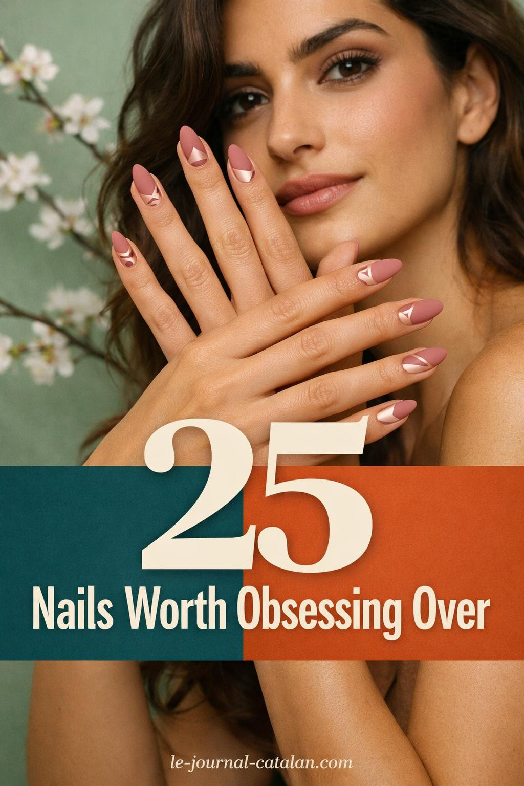 Luxury spring manicure showcasing dusty rose gel with geometric negative space art and rose gold metallic details