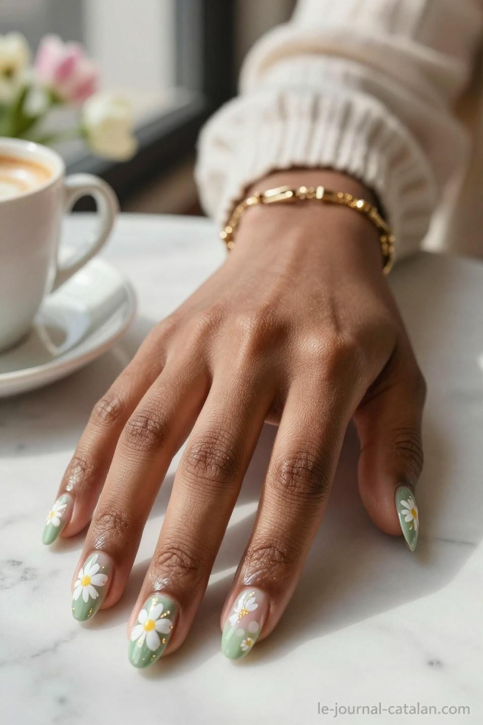 March gel nails with soft sage green and delicate white daisy florals