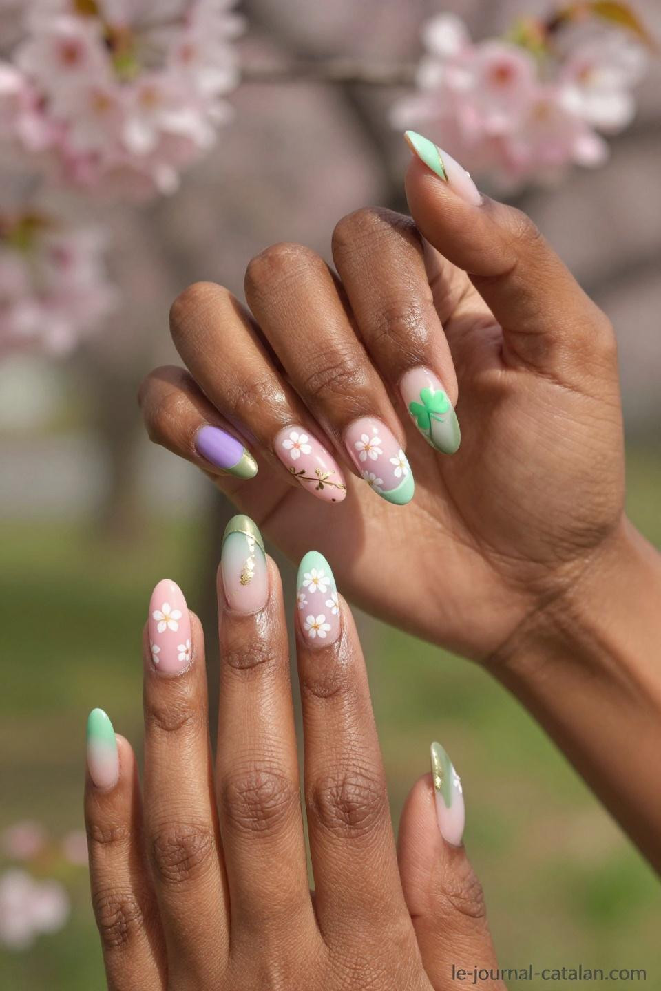 March Nails Ideas Simple featuring soft sage base with yellow daffodil accents