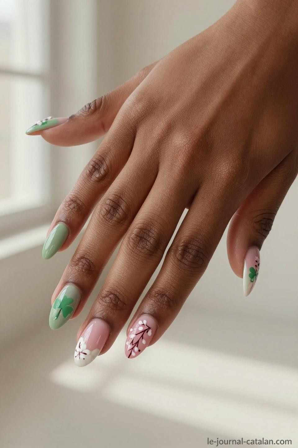March Nails Ideas 2025 featuring spring pastel palette with shamrock details