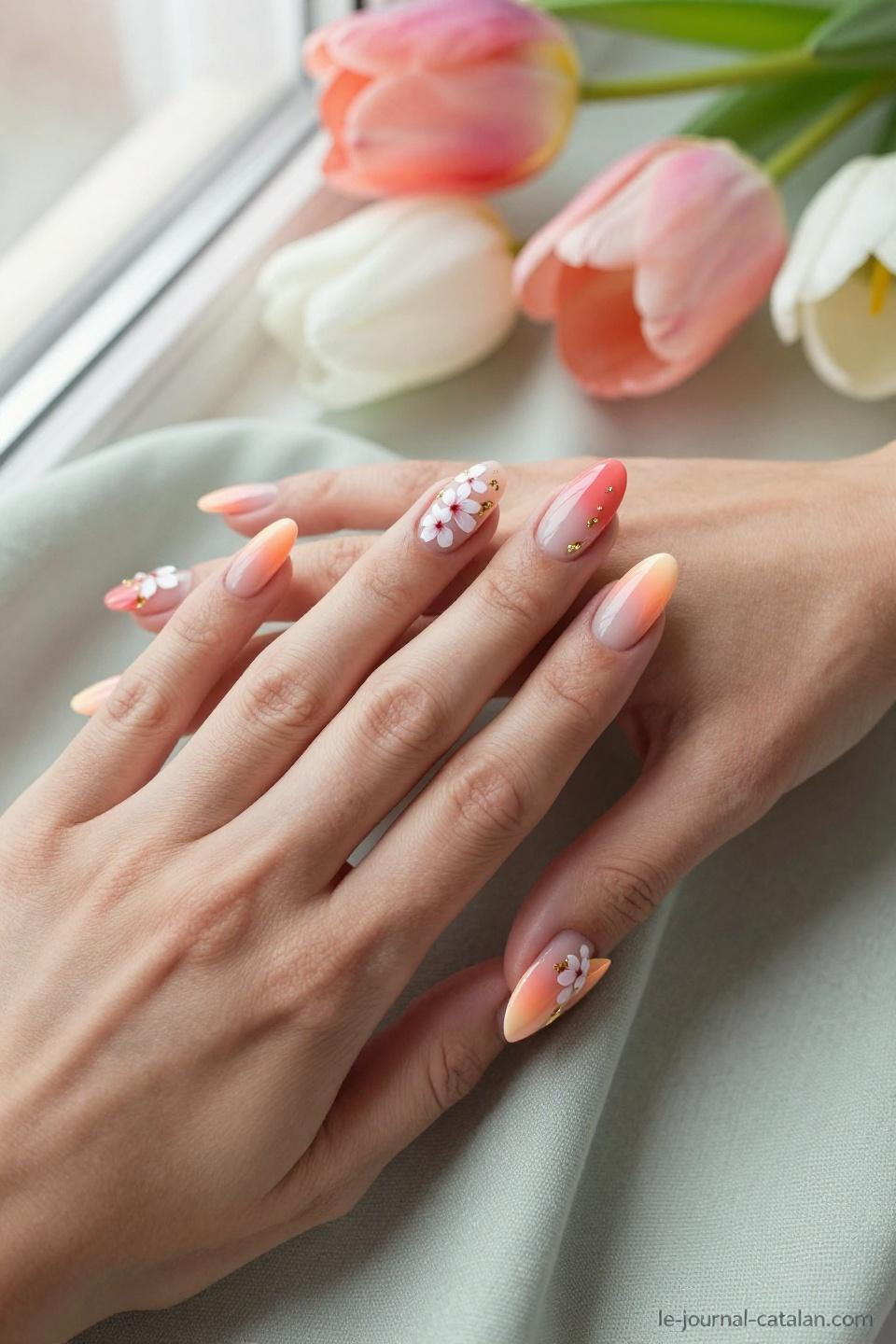 Early Spring Nails with cherry blossom motifs and translucent baby blue base