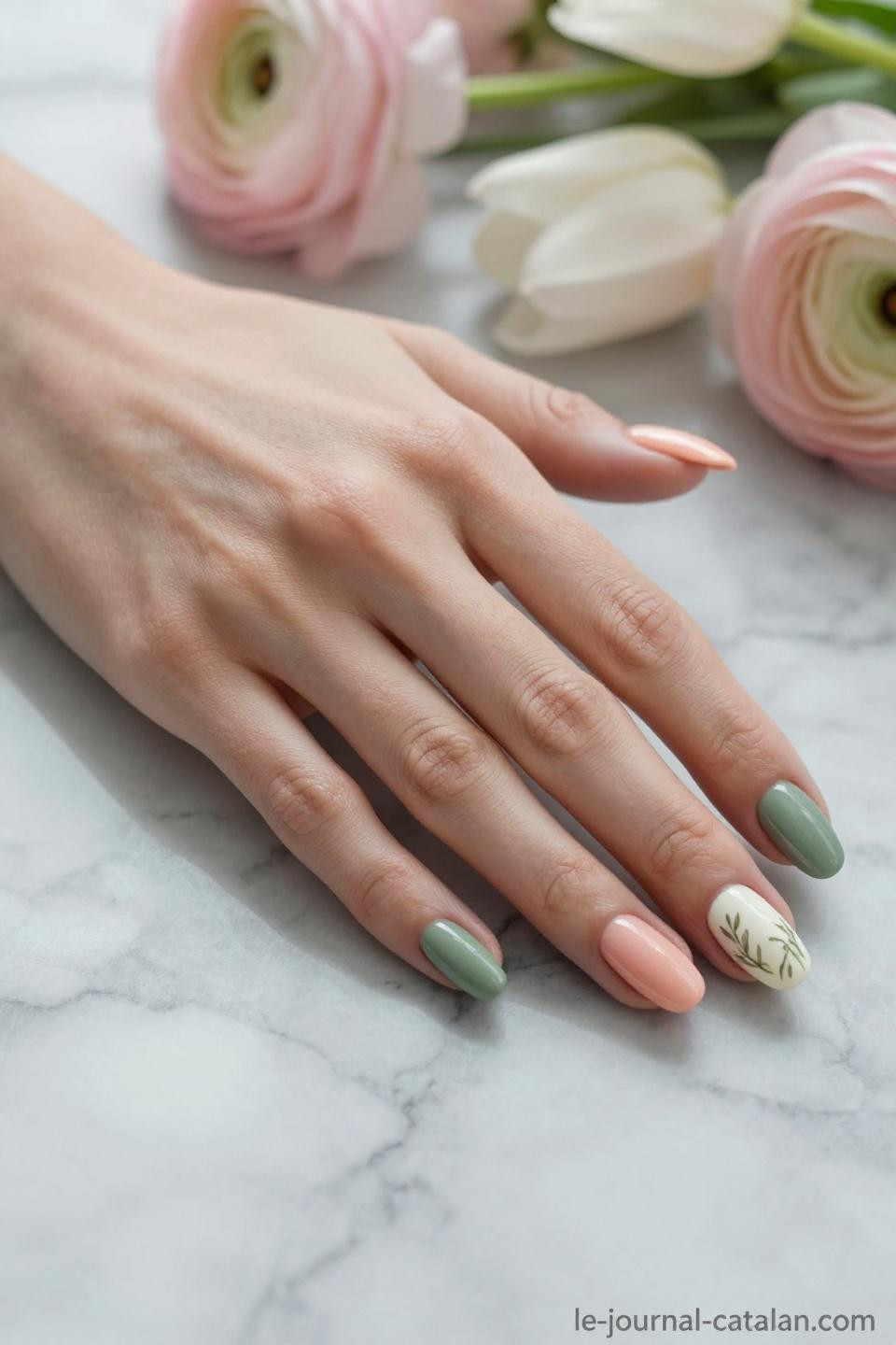 St Pattys Nails Simple with coral pink gradient and white cherry blossom accents