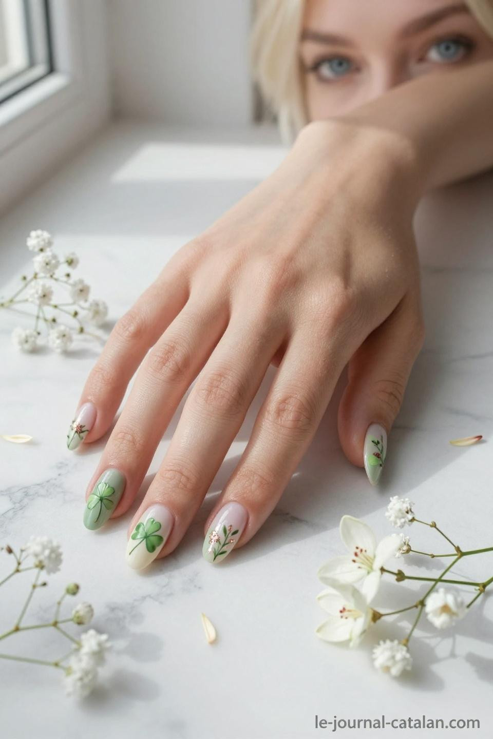 March Nail Designs Spring featuring sage green with hand-painted botanical artwork